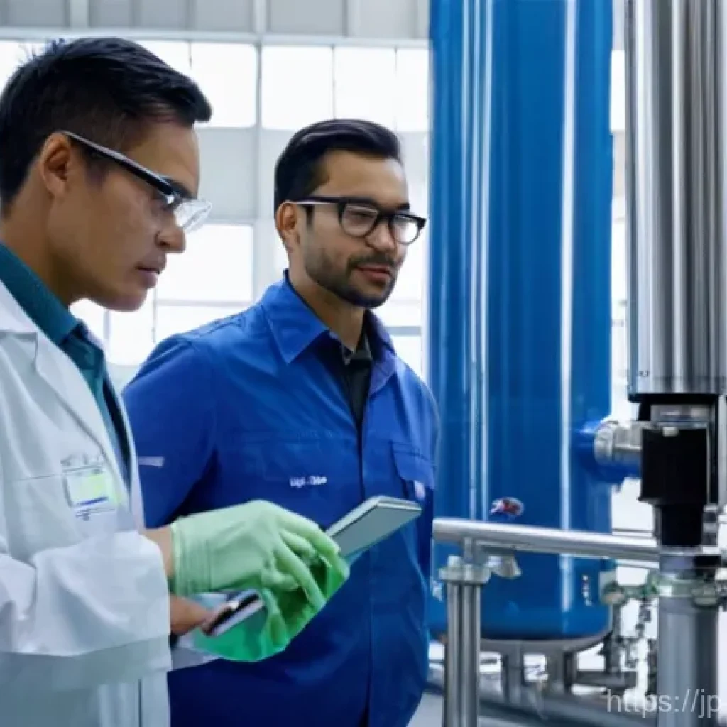 수질환경 기사 자격증과 직업 안정성 - **Prompt:** A clean, modern water purification plant interior at dawn. In the foreground, a diverse ...