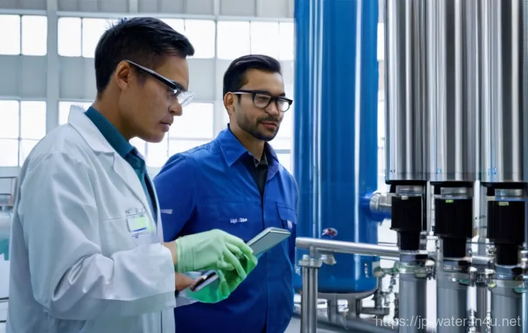 수질환경 기사 자격증과 직업 안정성 - **Prompt:** A clean, modern water purification plant interior at dawn. In the foreground, a diverse ...