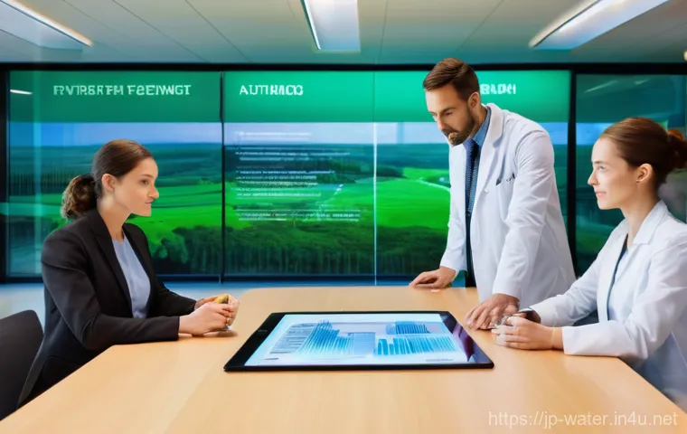 수질환경 기사 자격증과 직업 안정성 - **Prompt:** A clean, modern water purification plant interior at dawn. In the foreground, a diverse ...