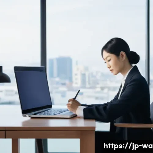 수질환경분야 연봉 협상 노하우 - A professional Japanese office setting where a confident young Japanese businesswoman in modern busi...