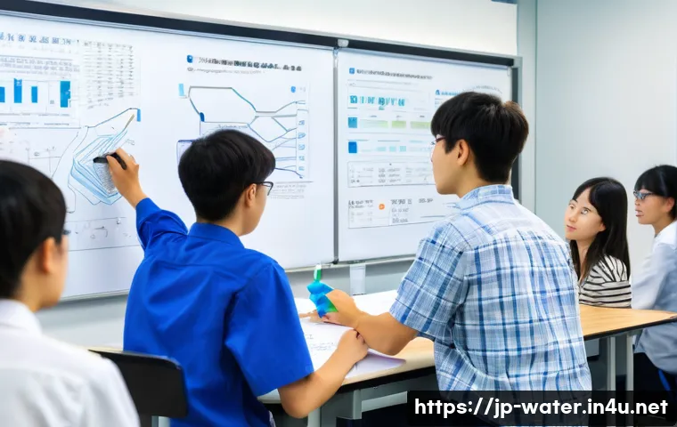 수질환경공학 시험 대비 노하우 - A modern Japanese classroom scene with young adult students attentively studying water quality envir...