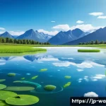 수질환경 기초 개념 및 원리 - A serene natural river scene showing the clear water surface with visible aquatic plants like algae ...