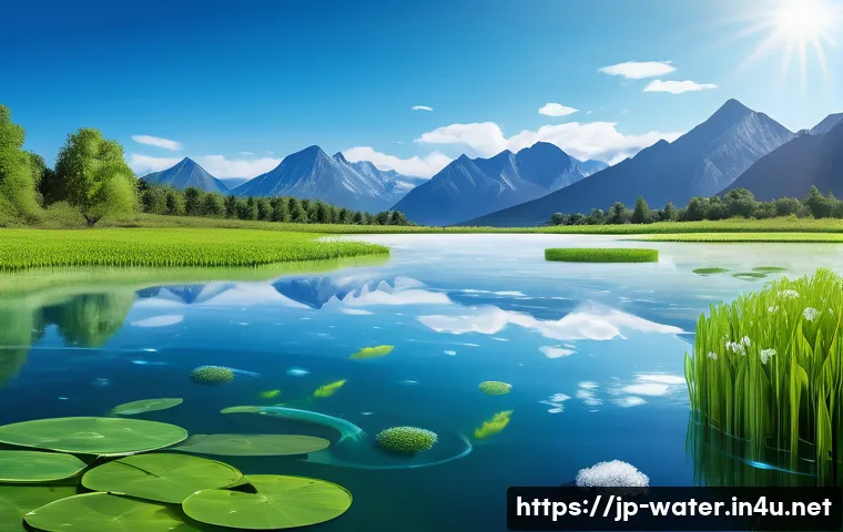 수질환경 기초 개념 및 원리 - A serene natural river scene showing the clear water surface with visible aquatic plants like algae ...