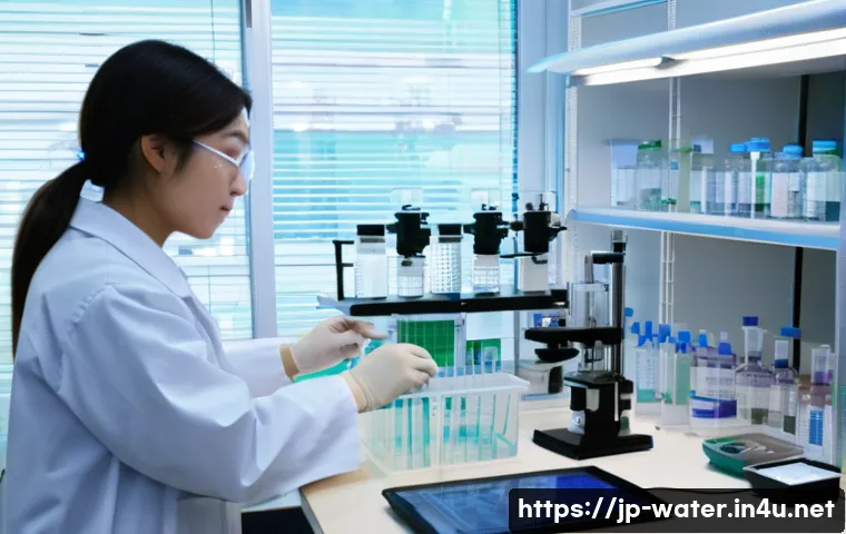 수질환경공학과 입학 준비 팁 - A detailed scientific laboratory scene focusing on water quality analysis: a Japanese university stu...
