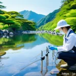 수질환경 실무에서 필요한 기술 - A high-tech water quality monitoring scene featuring a compact real-time sensor device attached to a...