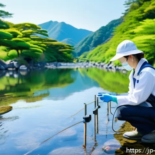 수질환경 실무에서 필요한 기술 - A high-tech water quality monitoring scene featuring a compact real-time sensor device attached to a...