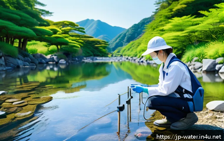 수질환경 실무에서 필요한 기술 - A high-tech water quality monitoring scene featuring a compact real-time sensor device attached to a...