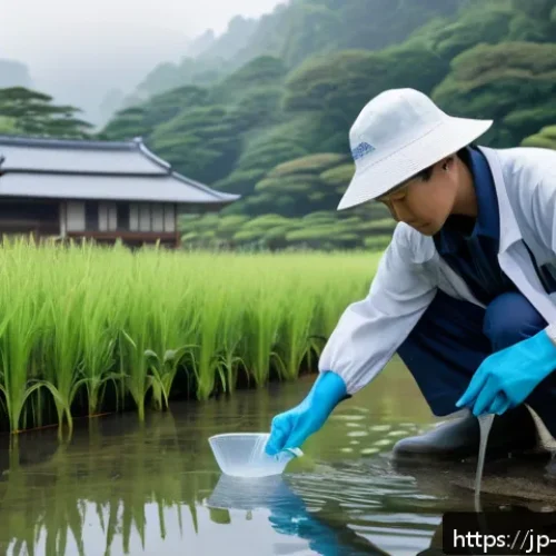 수질환경 관련 유망 직업군 - A professional Japanese environmental technician wearing practical fieldwork attire including a ligh...