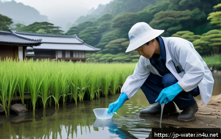 수질환경 관련 유망 직업군 - A professional Japanese environmental technician wearing practical fieldwork attire including a ligh...