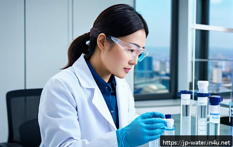 수질환경 분야 자격증 조합 추천 - A professional Japanese water quality analyst in a clean, modern laboratory, wearing a white lab coa...