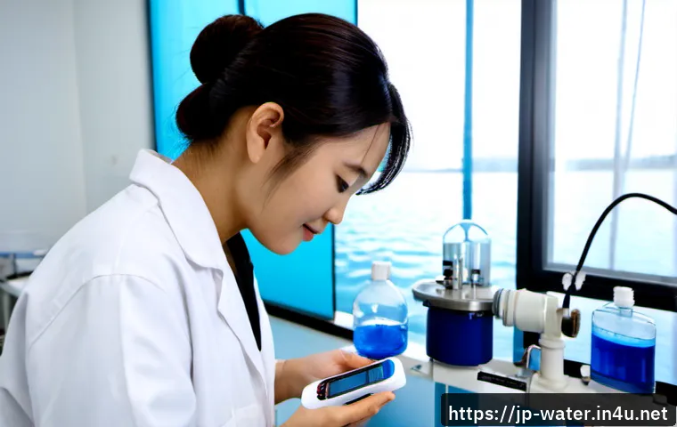 수질환경 관련 최신 기술 동향 - Photorealistic environmental engineer in a clean modern water treatment laboratory, examining a comp...